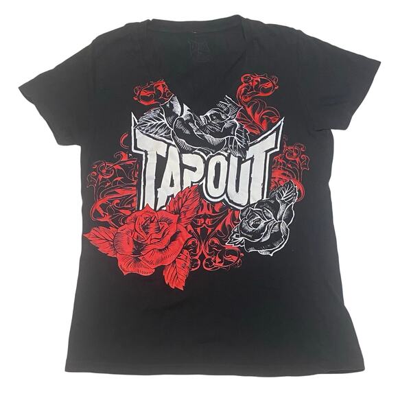 Vintage Y2K Tap Out MMA Women’s V-Neck Double Sided Shirt W/Red & White Roses, M - Picture 1 of 6